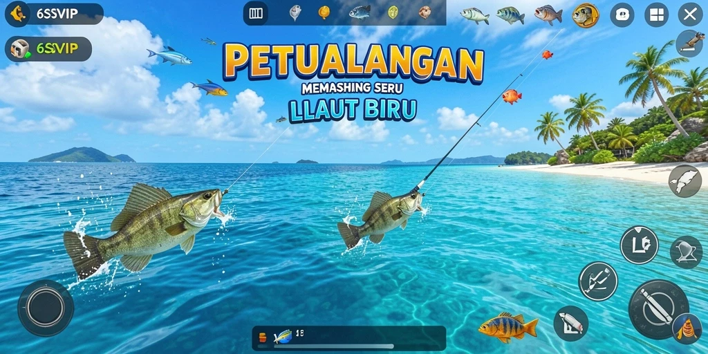 Tampilan gameplay seru di 6SVIP dengan berbagai ikan dan lokasi memancing.