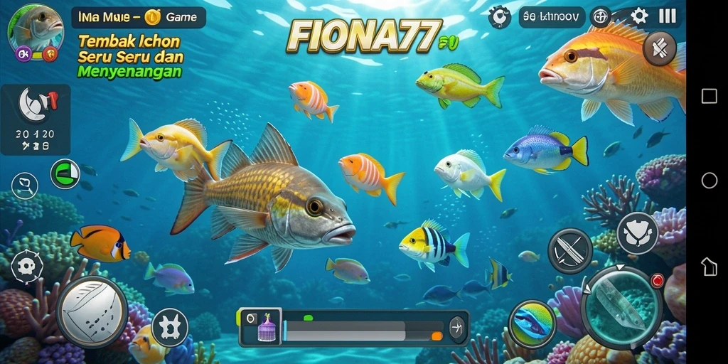 Tampilan gameplay seru FIONA77 saat menembak ikan berwarna-warni.