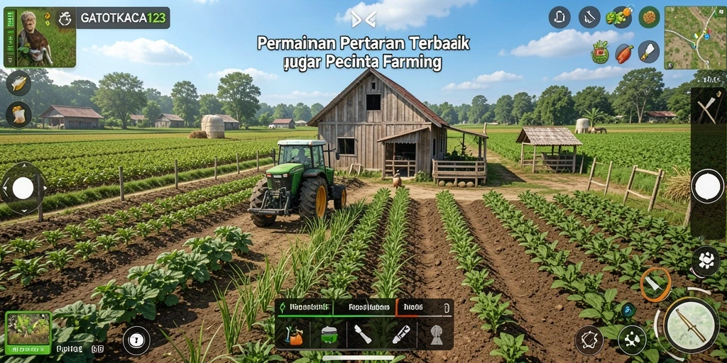 Tangkapan layar gameplay menampilkan ladang yang subur dan aktivitas petani.