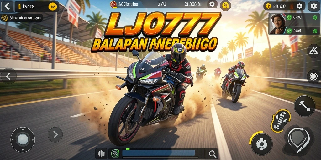 Tampilan gameplay LJO777 dengan motor yang melaju kencang di lintasan balapan.