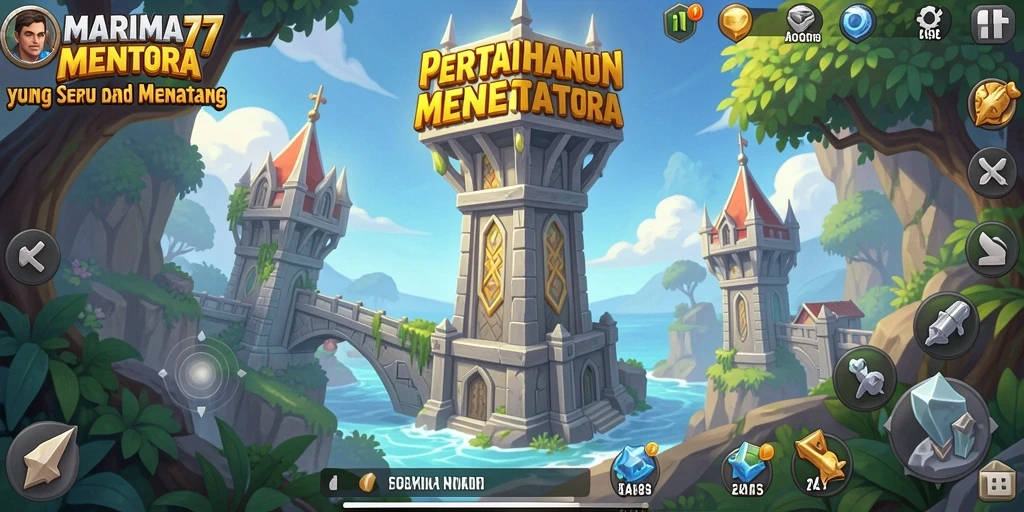 Screenshot gameplay Tower Defense MARIMA77 menampilkan menara yang sedang bertarung melawan musuh.