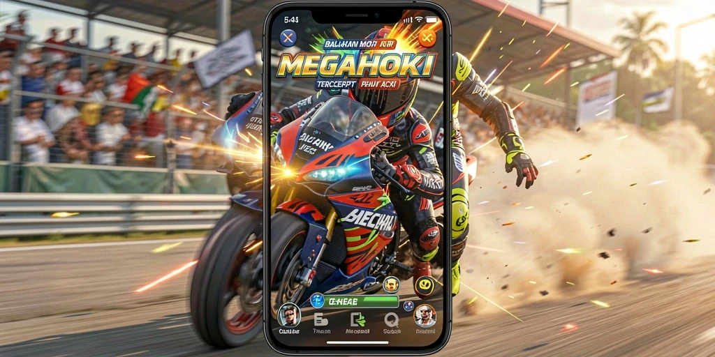 Tampilan seru MEGAHOKI saat balapan motor cepat.